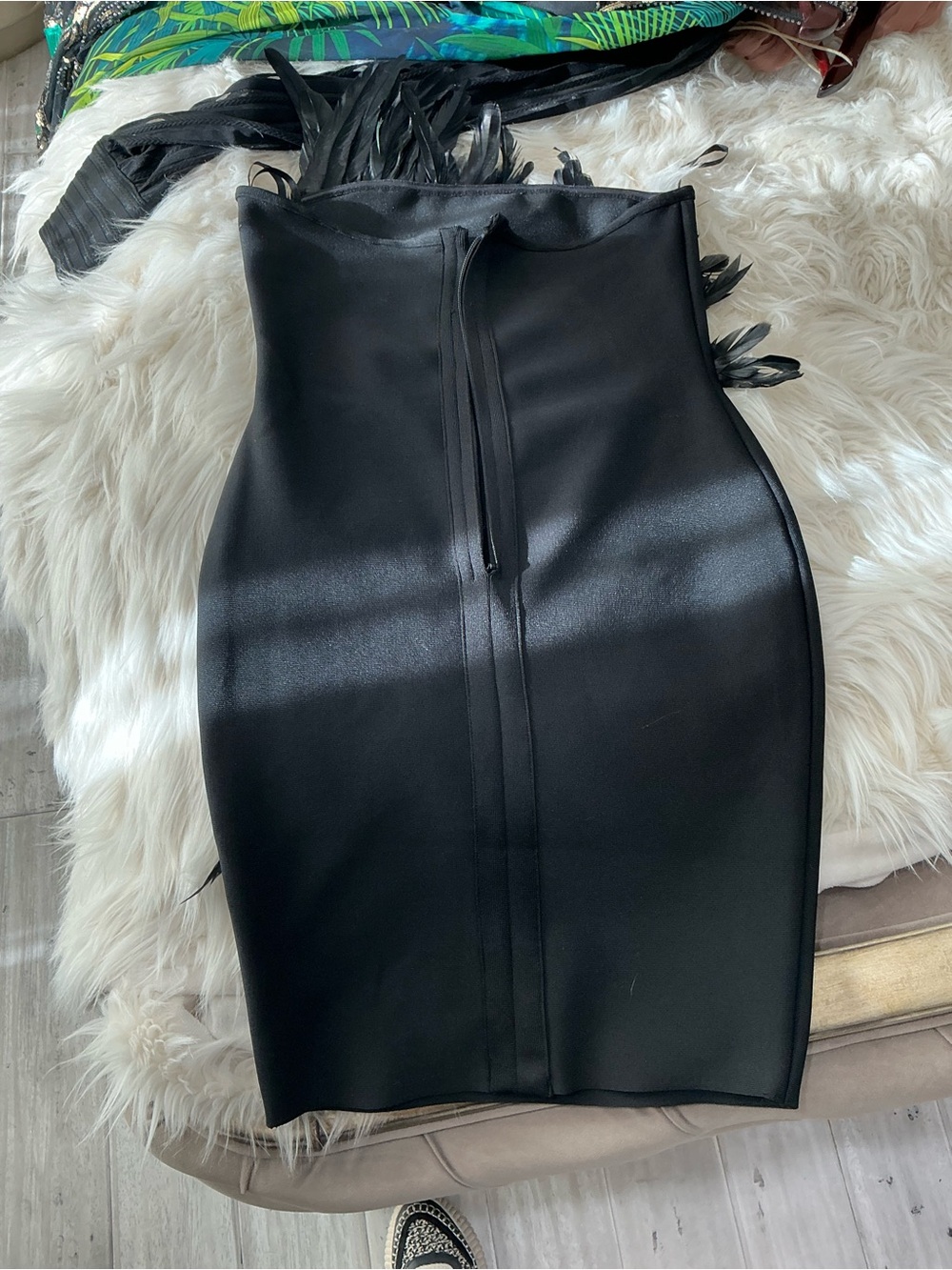 Black Feather-Trim Strapless Dress - Picture 9 of 9